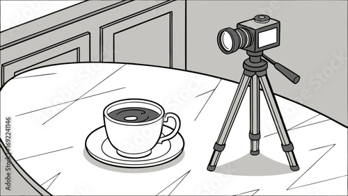 Camera on tripod filming a cup of coffee on a table.