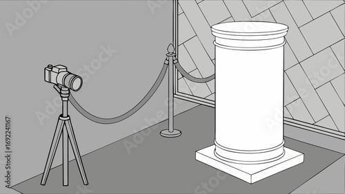 Camera on tripod photographing a pedestal in an indoor setting.