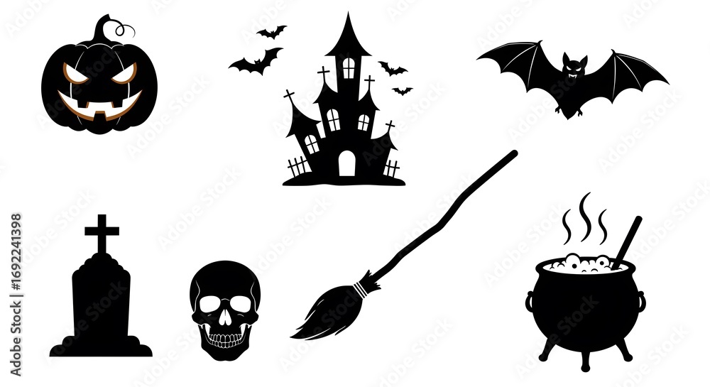 Obraz premium Collection of classic halloween silhouettes including a pumpkin castle bats and cauldron
