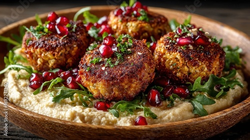 Delicious Falafel Plate with Hummus, Arugula and Pomegranate Seeds