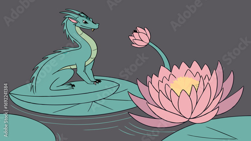 Cartoon dragon sitting on a lily pad with a water lily illustration fantasy creature design mythical beast artwork peaceful scene whimsical art kids book illustration magical creature sere.