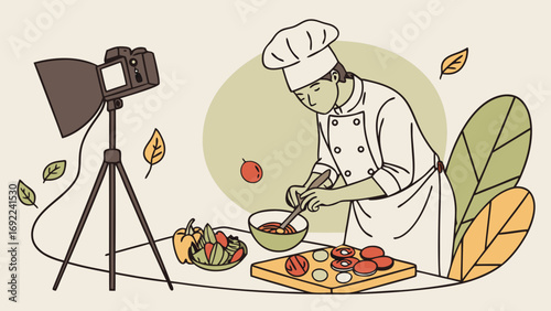 Chef preparing food for online cooking show culinary vlog food blogger recipe video kitchen cooking food ingredients vegetables healthy lifestyle culinary arts cooking demonstration.