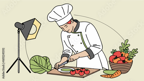 Chef preparing vegetables for a food photoshoot.