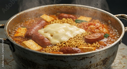 Budae jjigae a Korean stew simmers in a metal pot It features noodles sausage tofu kimchi  melting cheese steaming