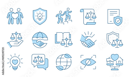 Code of conduct dual color line icons bundle, responsibility concept. Integrity, compliance, equilibrium, and coaction signs.