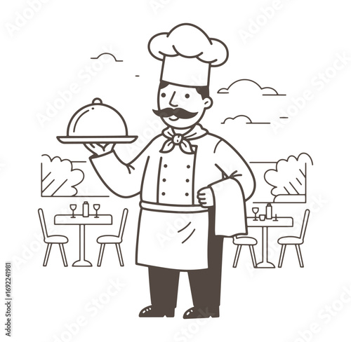 Cartoon chef in uniform presenting a cloche in an outdoor restaurant setting
