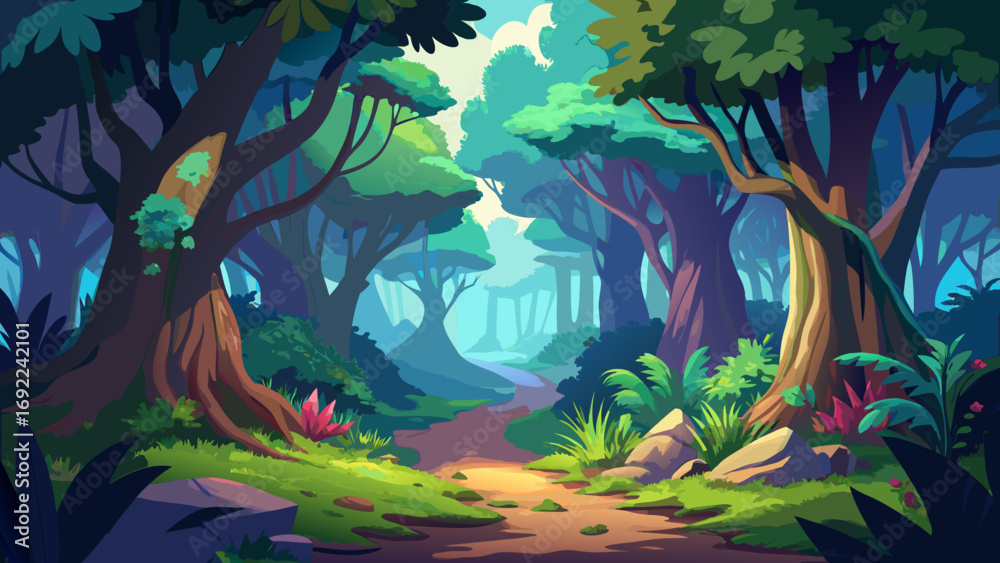 Fototapeta premium Vector art of a path through a vibrant cartoon forest with lush trees and foliage