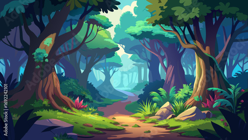 Vector art of a path through a vibrant cartoon forest with lush trees and foliage