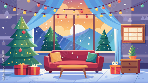Vector art of cozy christmas living room with decorated tree and snowy mountain view