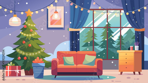 Vector art of festive christmas living room with decorated tree and snowy landscape
