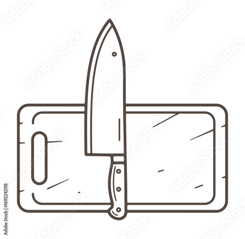 Chef's knife standing upright on a rustic wooden cutting board outline illustration