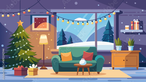 Vector art of cozy christmas living room with christmas tree and decorations in winter time