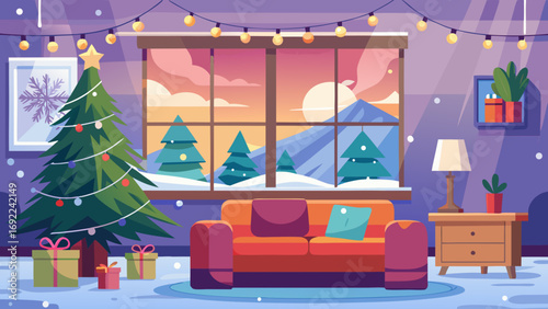 Vector art of christmas living room with christmas tree and decorations in winter season