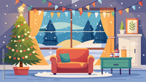Vector art of cozy christmas living room with christmas tree and decorations in winter time