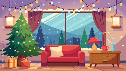 Vector art of cozy christmas living room with decorated tree and snow outside the window