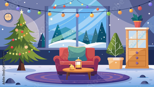 Vector art of christmas living room with decorated tree and snow outside the window