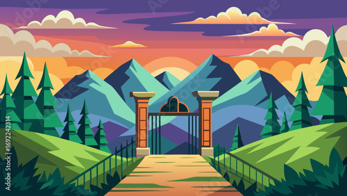Vector art of a stunning mountain landscape with a gate at sunset, vector illustration