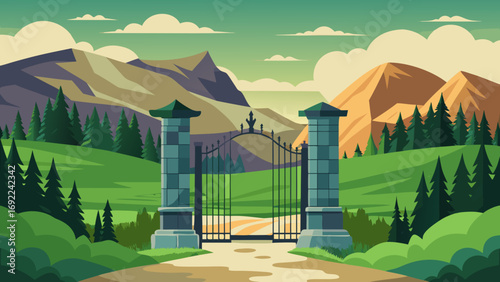 Vector art of landscape view of a gate to a beautiful mountain range and green valley