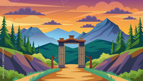 Vector art of a peaceful mountain landscape with a gate at sunset, vector illustration
