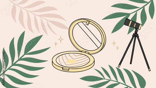 Compact Powder and Camera on Tripod with Tropical Leaves Illustration.