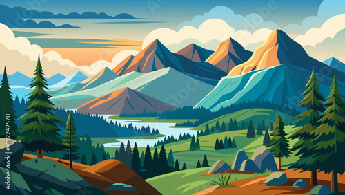 Vector art of scenic mountain landscape with forest and lake in cartoon vector style