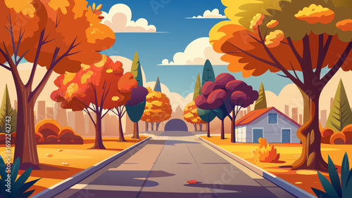 Vector art of autumn street with houses and trees in fall season vector illustration