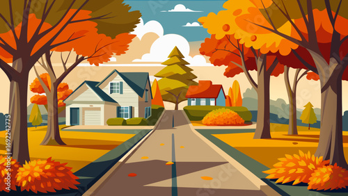 Vector art of cozy autumn neighborhood street with colorful trees and houses illustration