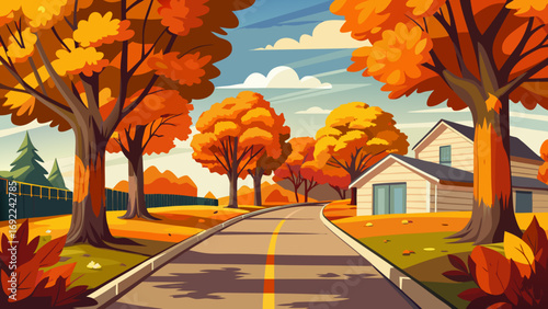Vector art of scenic autumn street with colorful trees and houses in a peaceful neighborhood