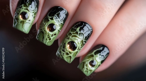 Intricate green and black halloween-themed nail art design with glossy finish