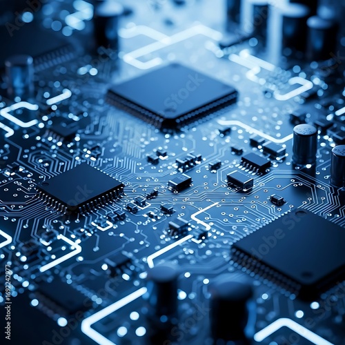 Wallpaper Mural Intricate Circuit Board Design with Glowing Blue Traces and Components. Torontodigital.ca