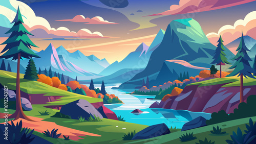 Vector art of colorful cartoon landscape with a river winding through mountains and trees