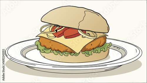 Delicious Burger on Plate Fast Food Illustration Menu Design Restaurant Graphics.