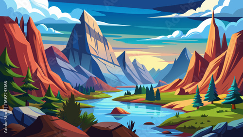 Vector art of majestic cartoon mountain landscape with a river flowing through a canyon