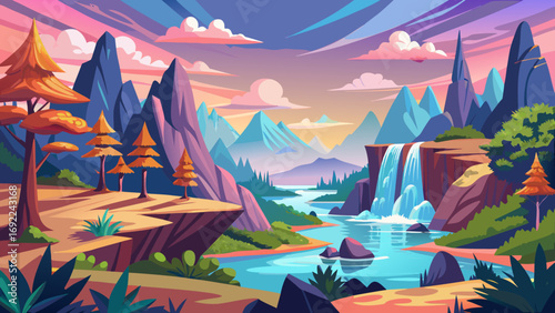 Vector art of colorful cartoon landscape with mountains, river, waterfall, and trees