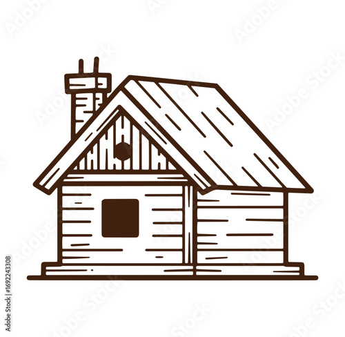 Rustic cabin illustration with chimney and simple wooden structure in outline style