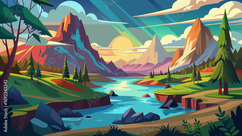 Vector art of cartoon landscape with mountains, river, trees, and sunset in vibrant colors