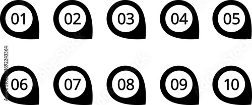 Bullet point icons with numbers. Color points for infographic. Markers with number for buttons, tags, ui or map. Set of graphic pointer with steps. Vector