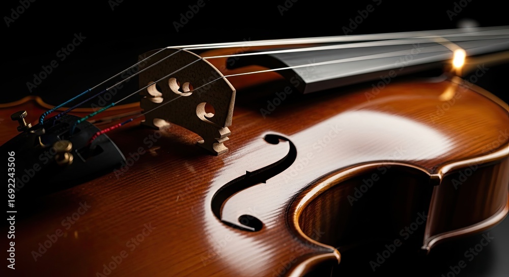 Fototapeta premium Detailed close-up of a classical wooden violin showing its f-hole and bridge against a dark background, emphasizing musical artistry.