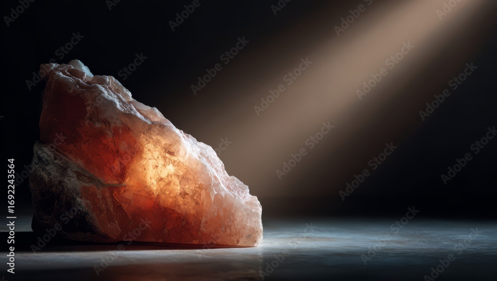 Fototapeta premium Large Pink Salt Crystal Illuminated by Dramatic Light in Dark Environment