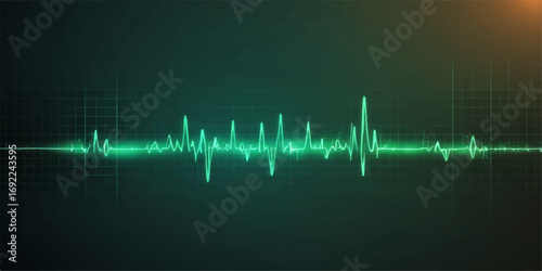 Green medical cardiogram graph showing an abstract blue heartbeat pulse wave on a dark background