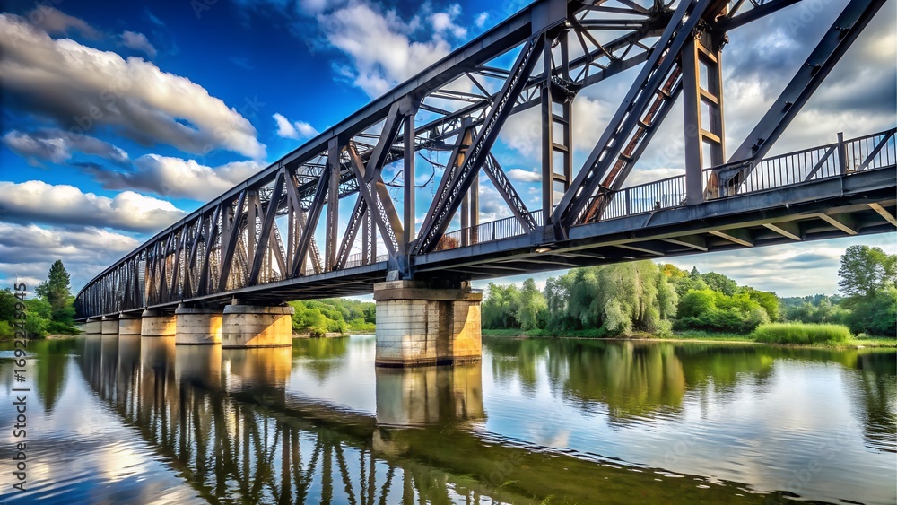 Obraz premium Large steel railway bridge over a calm river at sunset