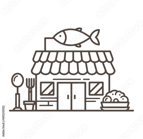 Simple illustration of a fish restaurant building with a fish sign and food on display