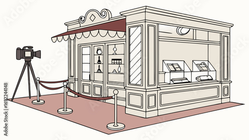 Elegant Shop Booth with Camera Illustration Retail Display Product Showcase Boutique Stand Store Front Design Vintage Style Classic Architecture Display Case Merchandise Presentation Sal.