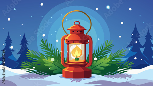 Vector art of a red christmas lantern with a candle in a snowy winter landscape scene
