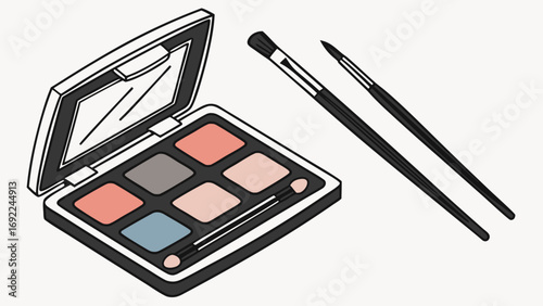 Eye Shadow Palette with Brushes Makeup Kit Cosmetic Product Illustration Beauty Design Flat Lay Colorful Shades Make-up Tools Artistic Render Fashion Accessory Graphic Design Vector Ill.