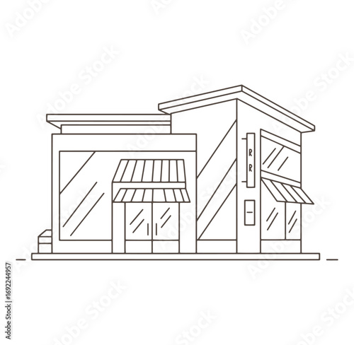 Vector illustration of a modern building with awnings and a simple minimalist design.