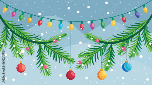 Vector art of christmas background with fir branches, colorful baubles and light decoration