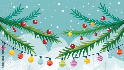 Vector art of festive christmas background with fir branches and colorful baubles decoration