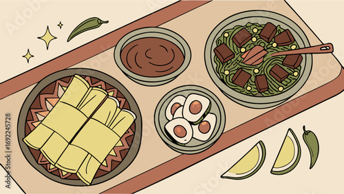 Flatlay of Delicious Food Dishes Spicy Mexican Cuisine Top View Illustration.