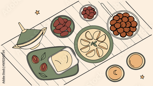 Flatlay of Festive Food and Drinks Top View Illustration for Ramadan or Holiday Celebration.